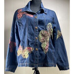 Tapestry Patch Women Denim Shirt Jacket L Blue Embroidered Butterflies Colorful